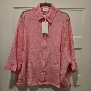 NWT ANDREE Pink Button Down Lace Shirt